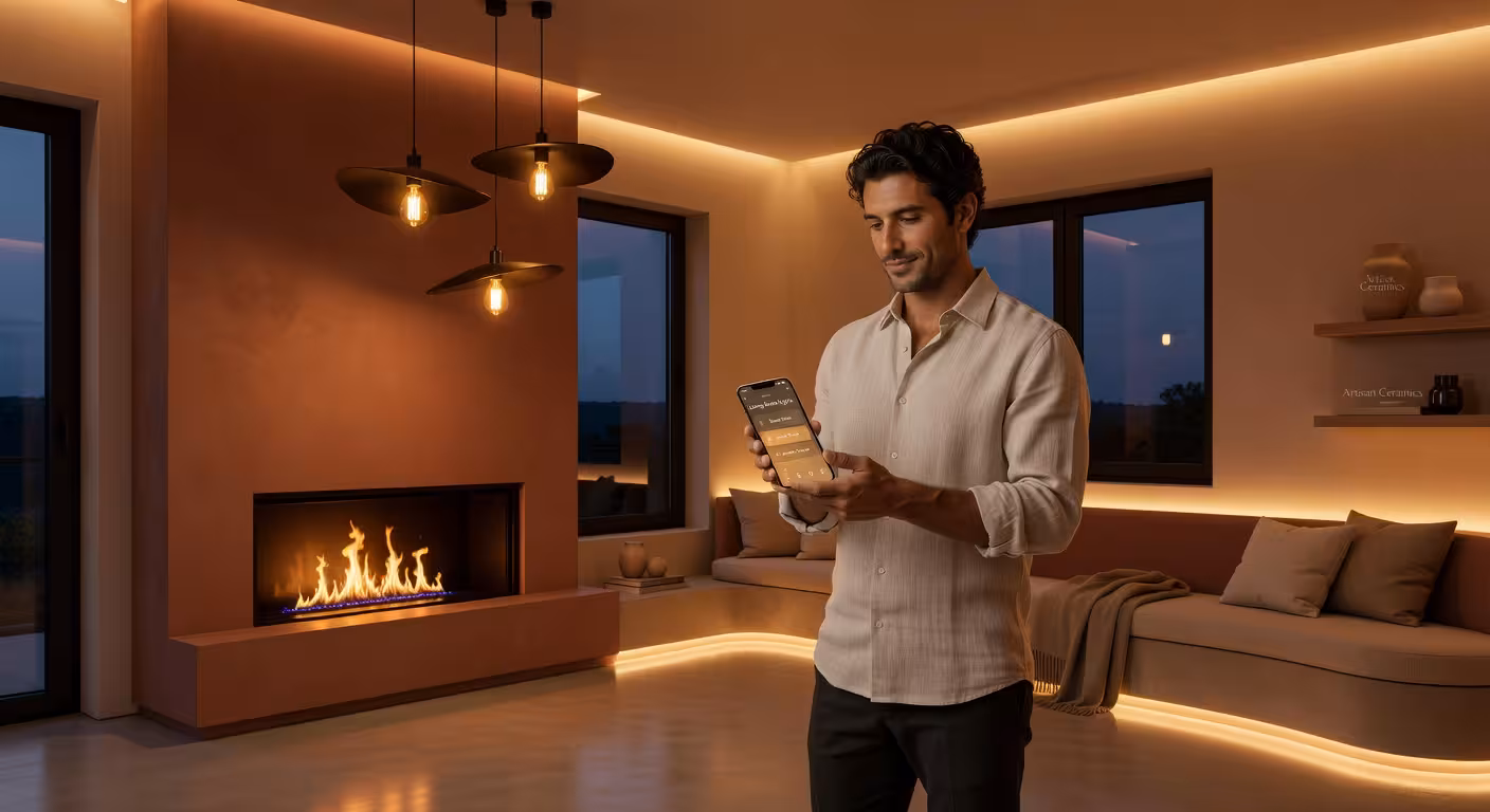 Sistema de iluminación inteligente en salón moderno con hombre controlando luces desde smartphone