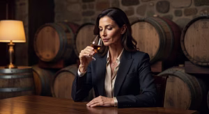 Mujeres en whisky: la revolución silenciosa que está cambiando la industria Experta catadora de whisky en sala de cata profesional con barricas de roble