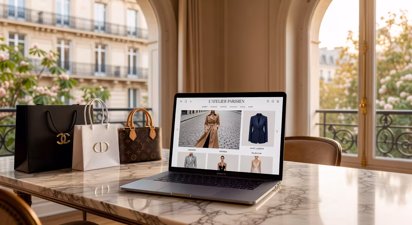 Concepto de comercio electrónico de moda de lujo parisino con portátil mostrando sitio web de diseñador en elegante escritorio de mármol