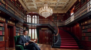 La legendaria Beverly Estate: historia, cine y el mercado inmobiliario de ultra lujo en Beverly Hills Biblioteca de dos pisos con artesonado, pasarela envolvente y escalera tallada en mansión de lujo