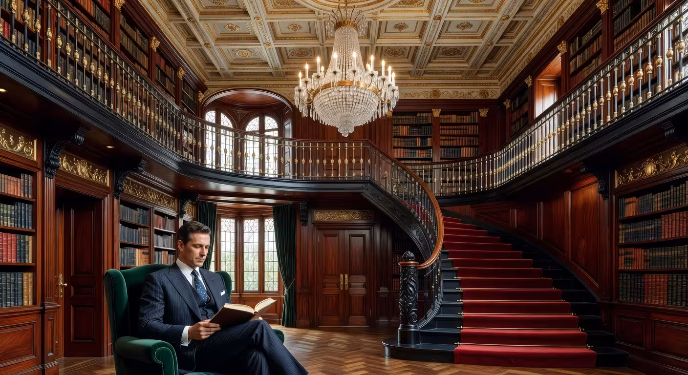 La legendaria Beverly Estate: historia, cine y el mercado inmobiliario de ultra lujo en Beverly Hills Biblioteca de dos pisos con artesonado, pasarela envolvente y escalera tallada en mansión de lujo
