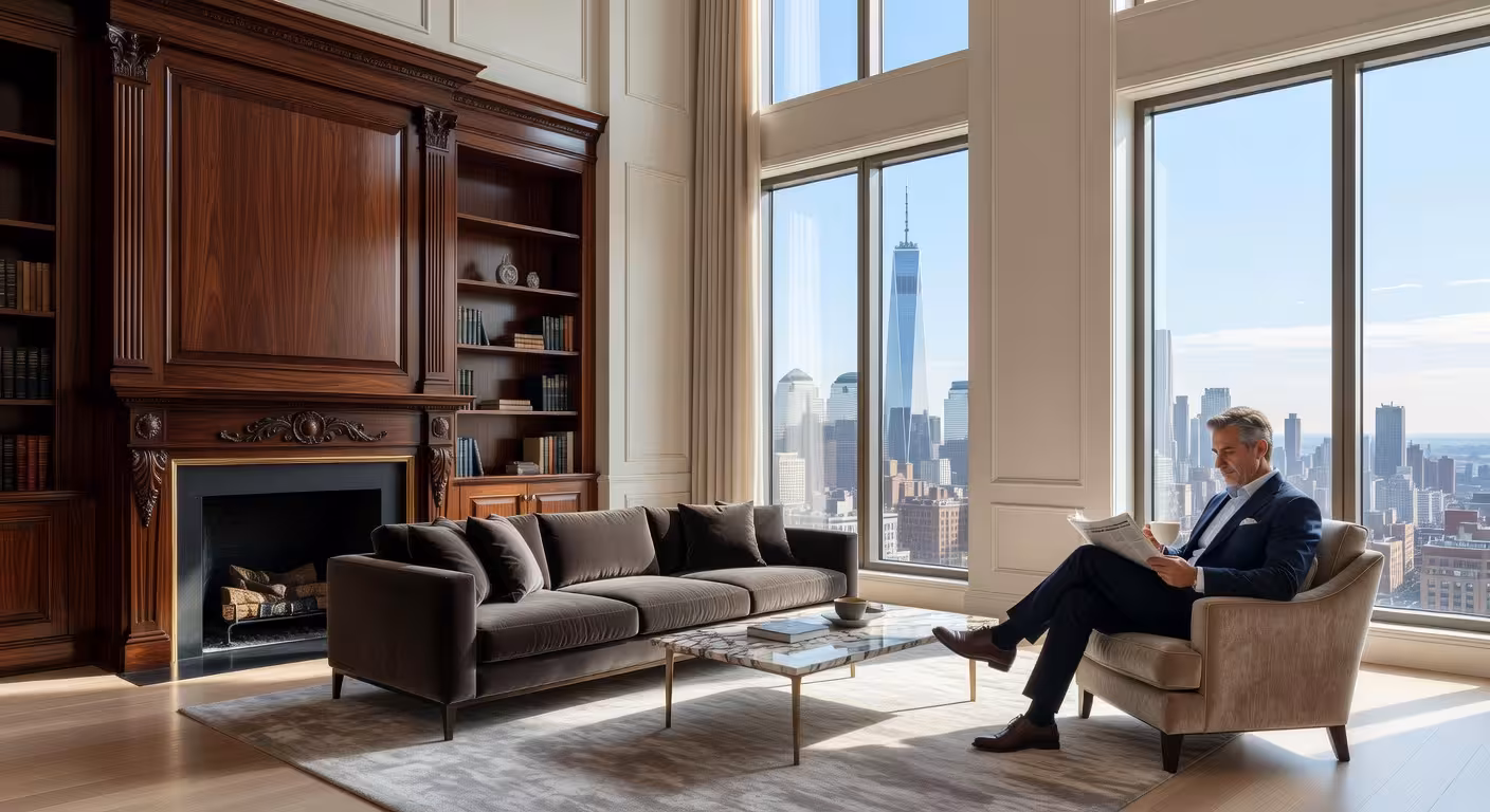 Interior de penthouse de lujo en Brooklyn Heights con vistas al skyline de Manhattan y acabados premium