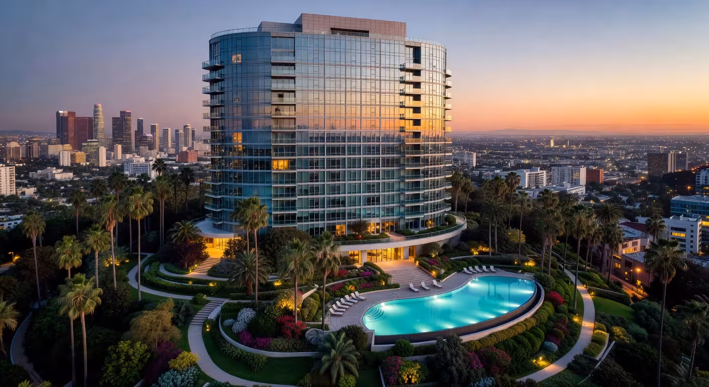 Vista aérea del edificio The Century en Century City, Los Ángeles, diseñado por Robert A.M. Stern Architects