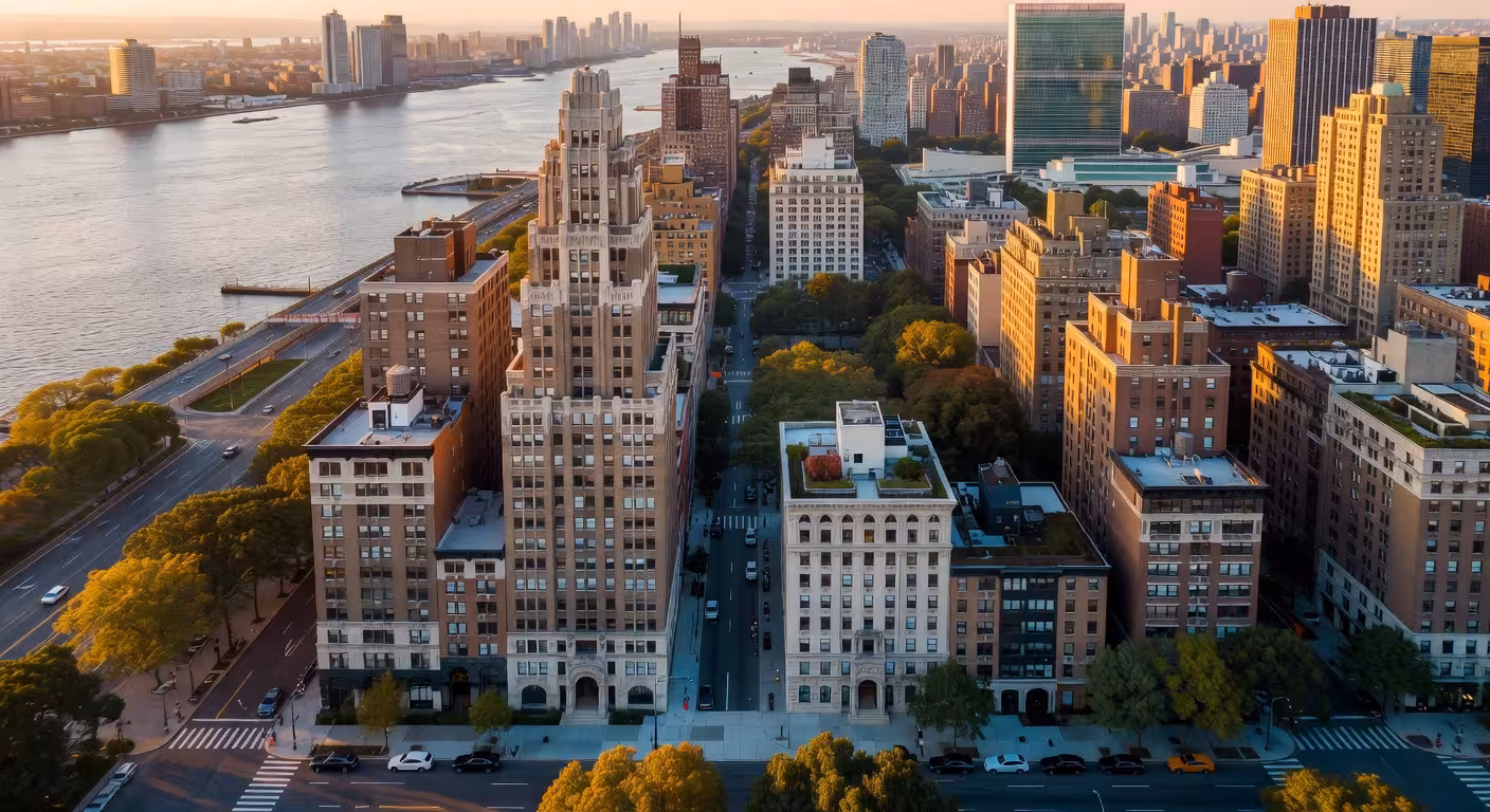 Vista aérea del exclusivo vecindario de Beekman Place en Manhattan, enclave histórico junto al East River