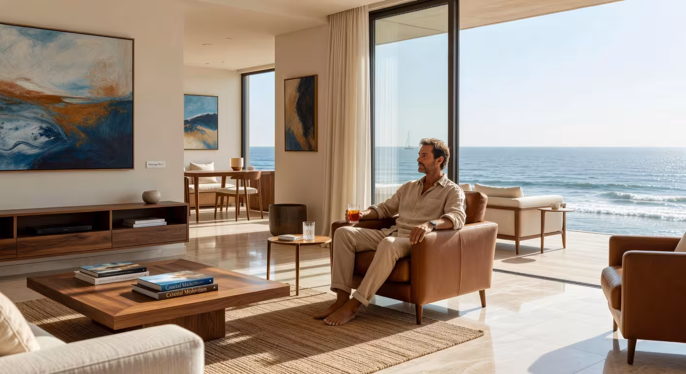 Interior de lujo de la Razor House con suelos de travertino y vistas panorámicas al mar