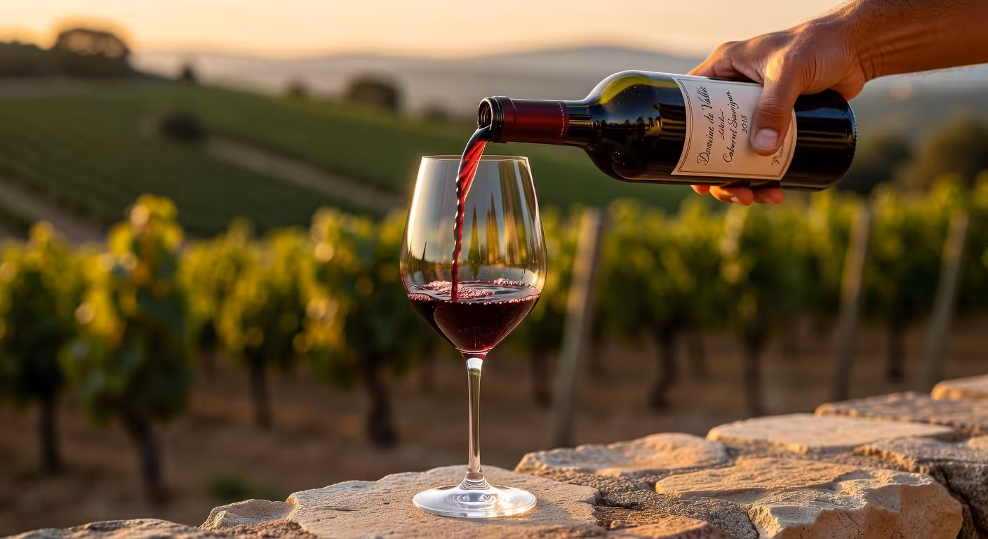 Copa de Cabernet Sauvignon californiano siendo servida con viñedos de Napa Valley al fondo