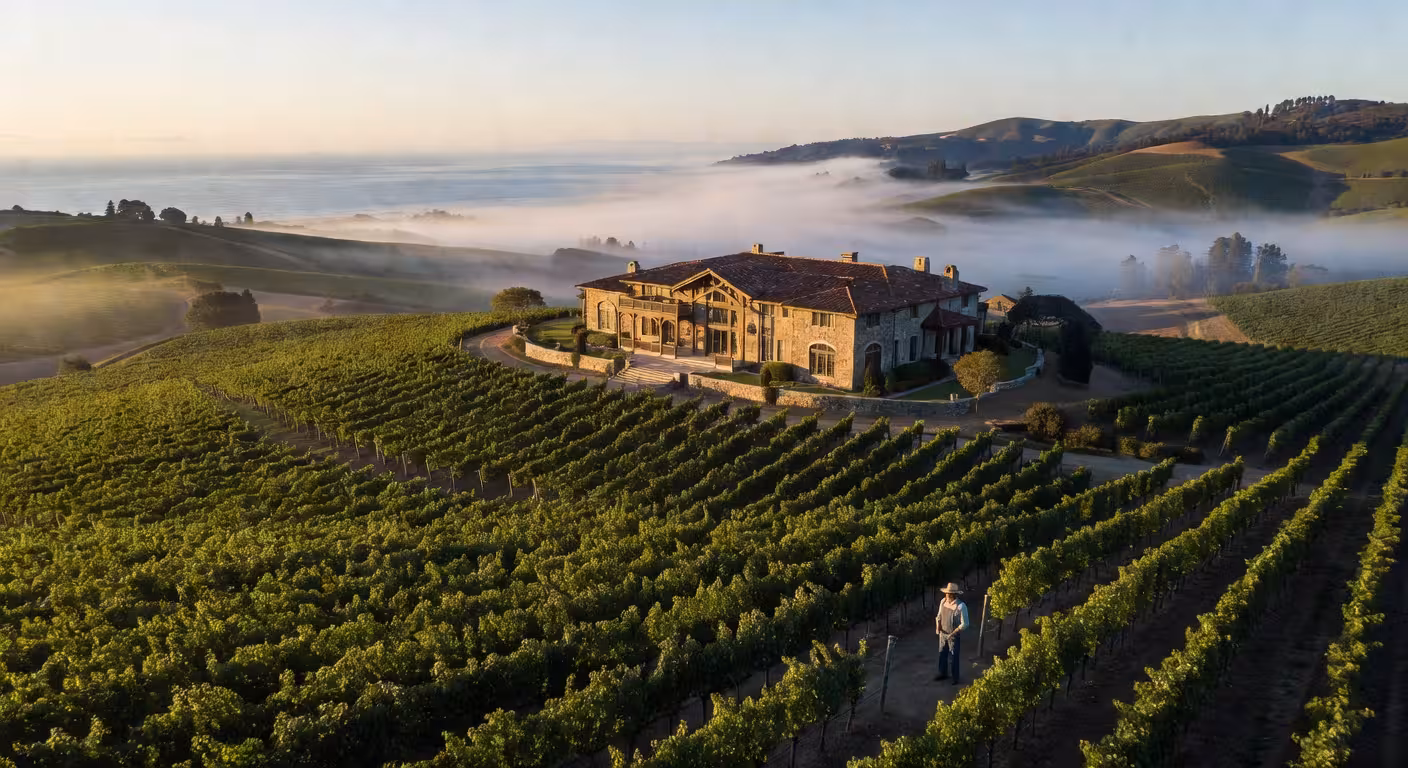 Viñedos de Pinot Noir en Russian River Valley con niebla característica