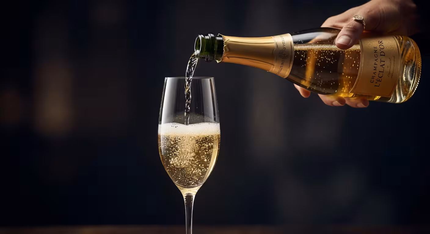 Champagne francés de lujo siendo servido en copa de cristal con burbujas doradas
