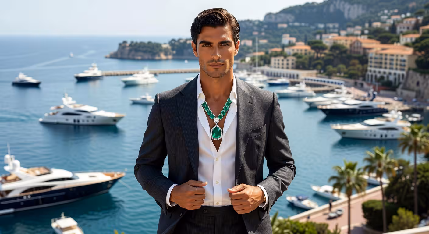 Hombre elegante luciendo collar de esmeraldas y diamantes de la colección Bravery de Louis Vuitton en sesión editorial de lujo
