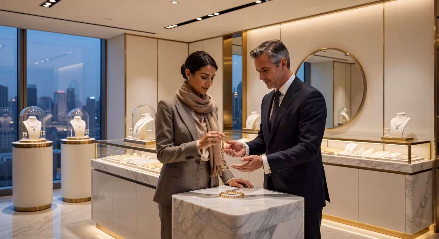 Cliente en boutique de joyería de lujo en Hong Kong examinando piezas de oro fino