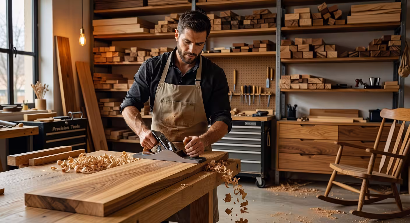 Carpintero profesional elaborando muebles a medida en taller moderno