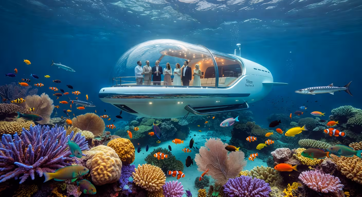 Vista exterior del submarino turístico Triton DeepView 24 navegando sobre arrecifes de coral en aguas cristalinas