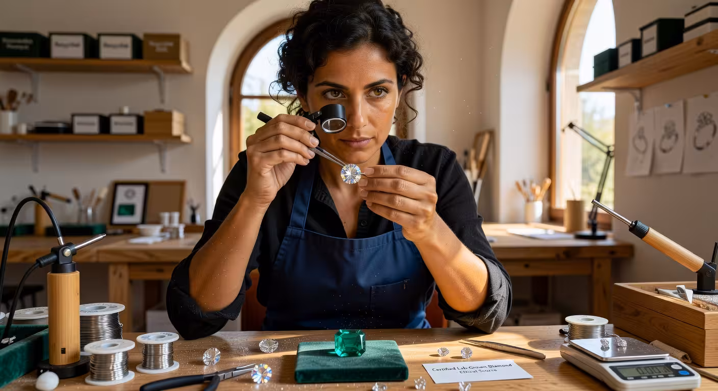 Artesana europea creando joyería ética con diamantes de laboratorio