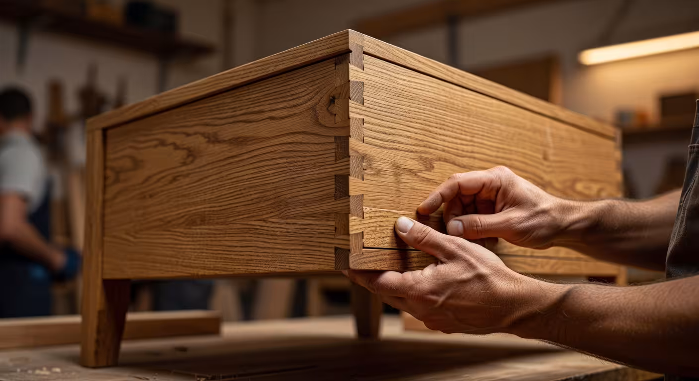 Detalle de artesanía en muebles de madera maciza mostrando ensambles de calidad y acabados naturales