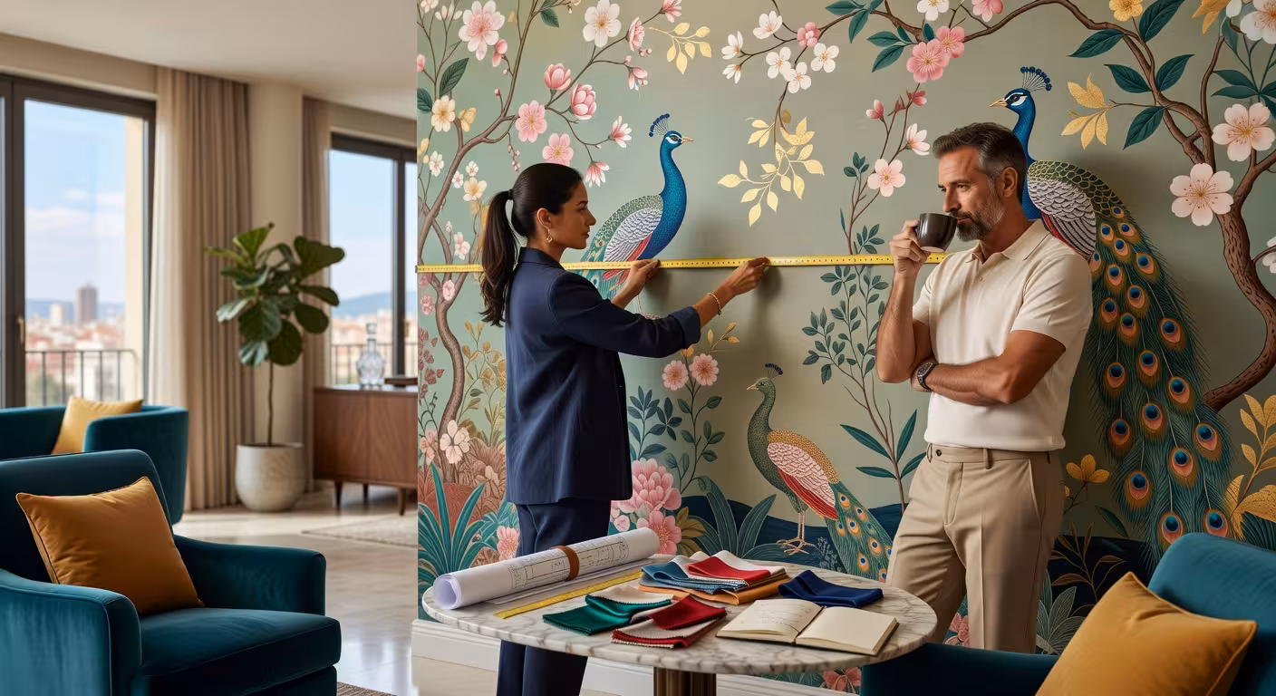 Instalación profesional de papel pintado de lujo en salón contemporáneo español