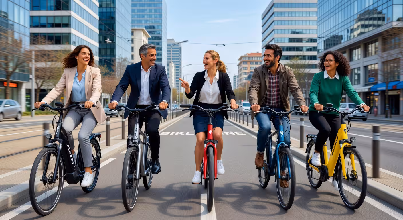 Empleados en bicicleta camino al trabajo por carril bici protegido en ciudad europea