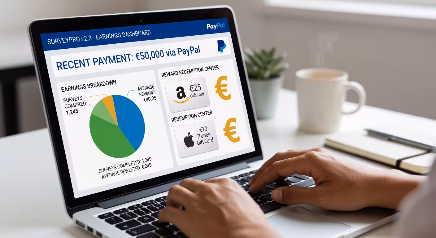 Pantalla de ordenador mostrando plataforma de encuestas remuneradas con ganancias en euros