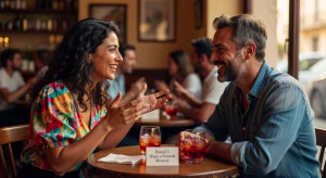 Pareja teniendo una conversación genuina durante cita rápida en evento de speed dating