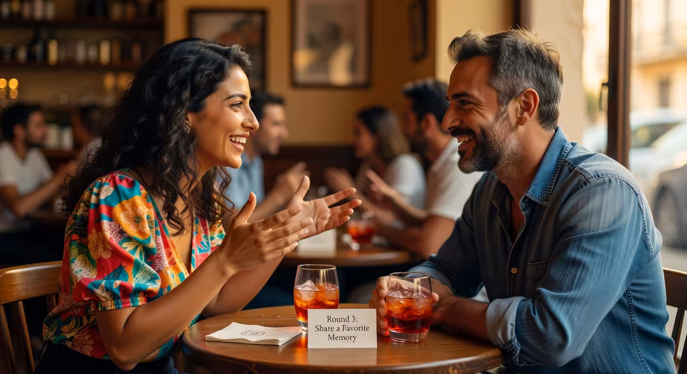 Por qué las citas rápidas están viviendo su mejor momento: beneficios y ventajas del speed dating Pareja teniendo una conversación genuina durante cita rápida en evento de speed dating