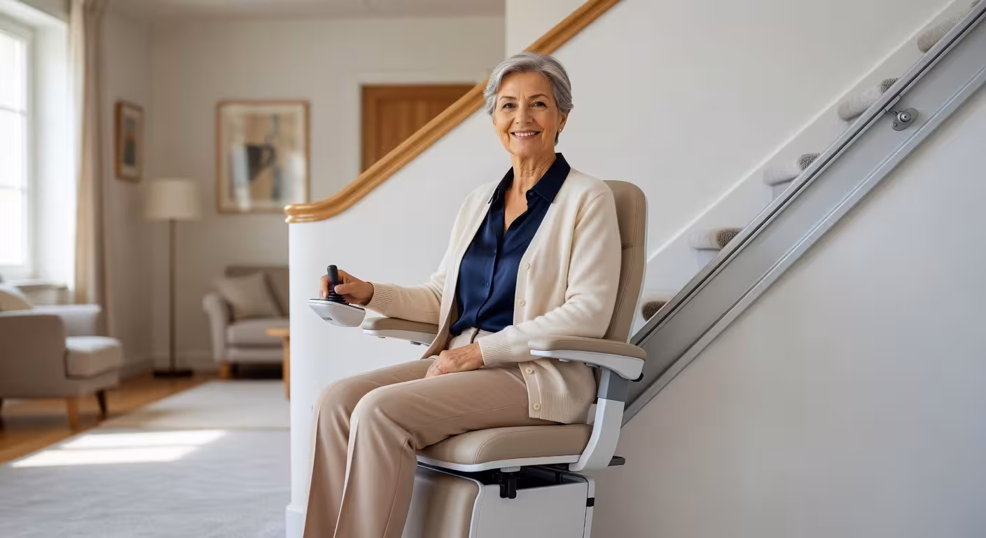 Mujer mayor europea sentada cómodamente en una silla salvaescaleras recta con expresión de confianza e independencia en su hogar