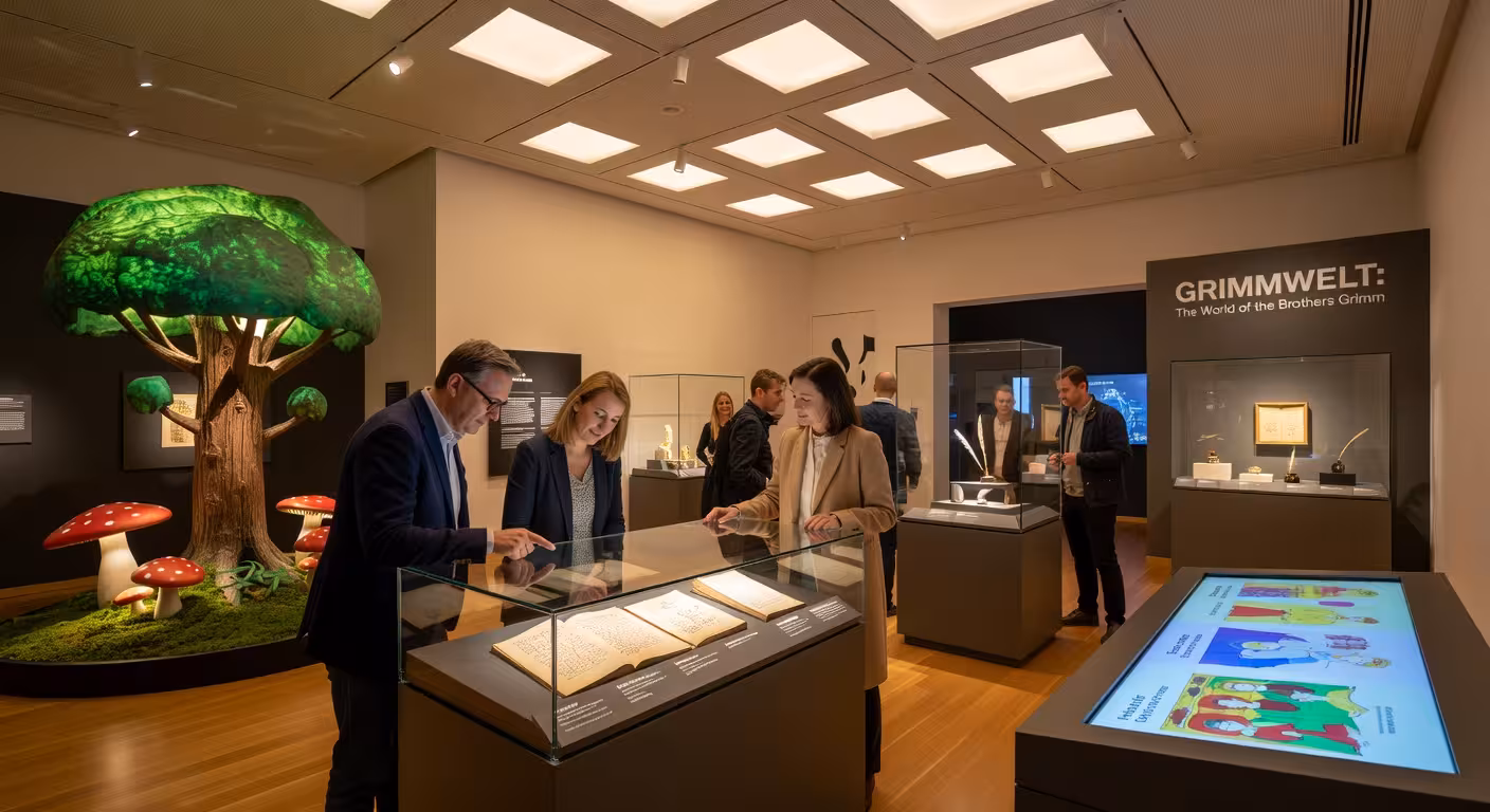 Interior del museo GRIMMWELT en Kassel dedicado a los hermanos Grimm con exposiciones interactivas y manuscritos originales