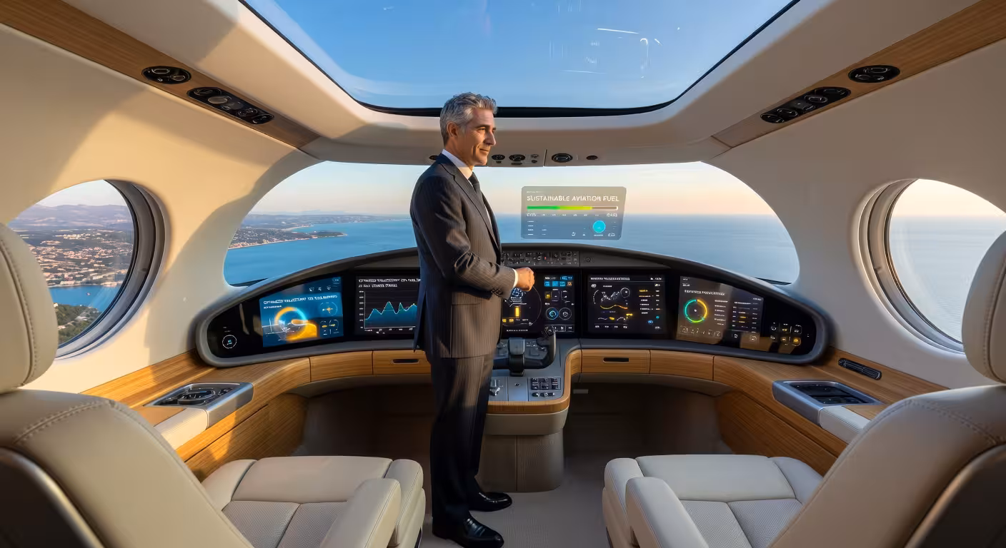 Interior de jet privado de última generación con tecnología de inteligencia artificial y sistemas de combustible sostenible