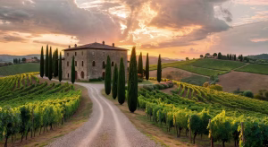 Estas celebridades viven la dolce vita en Italia Finca vinícola de lujo en la Toscana con viñedos y villa histórica al atardecer