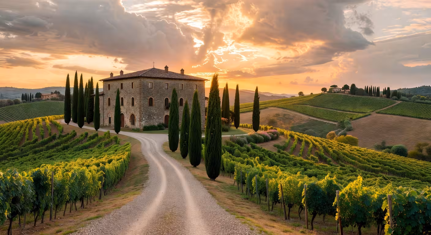 Estas celebridades viven la dolce vita en Italia Finca vinícola de lujo en la Toscana con viñedos y villa histórica al atardecer