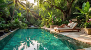 Piscina infinity en retiro de lujo Naya Ubud con vistas a la jungla tropical de Bali