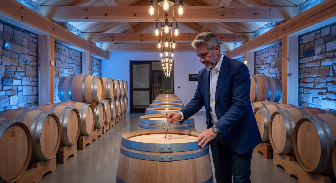 Sala de barricas elegante en bodega premium del condado de Sonoma con enólogo inspeccionando la producción