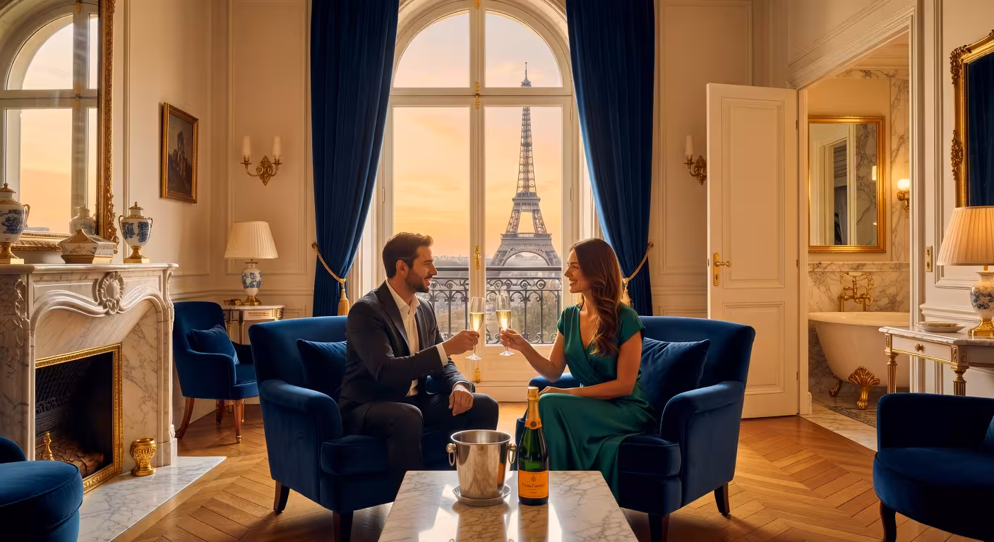 Suite del Grand Powers Hotel con vistas a la Torre Eiffel y decoración de lujo parisina