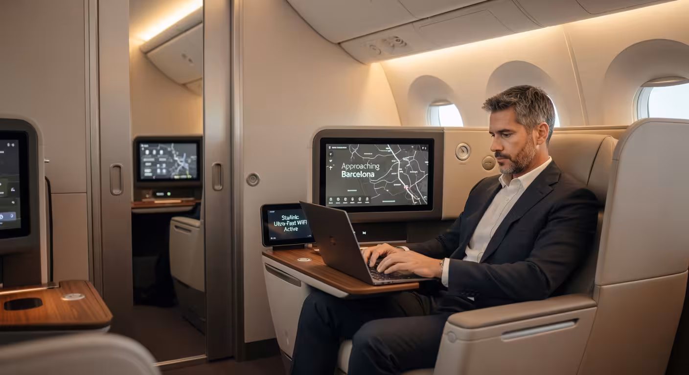 Interior de clase business de lujo en Singapore Airlines con suites privadas y tecnología de última generación