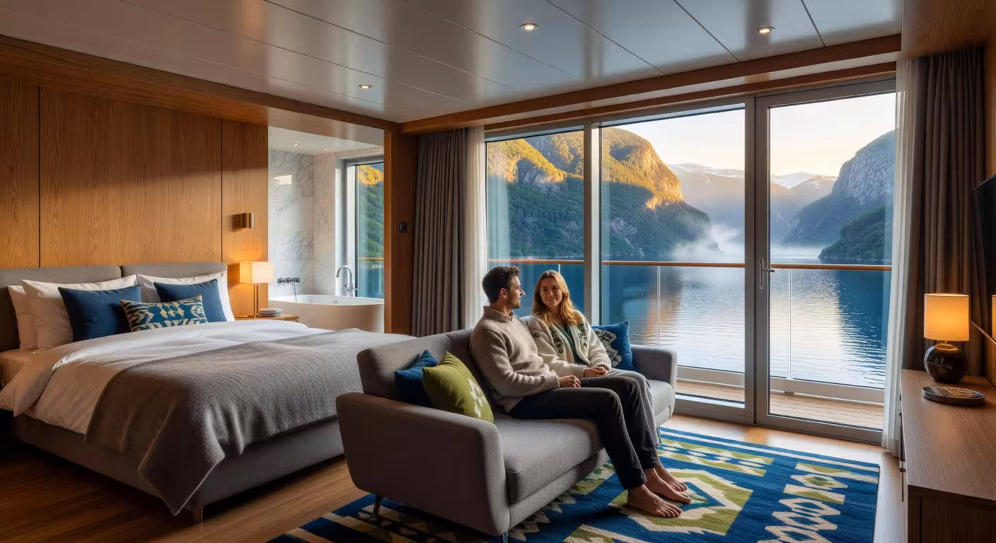 Suite de lujo en barco Viking Ocean Cruises con vistas al fiordo noruego