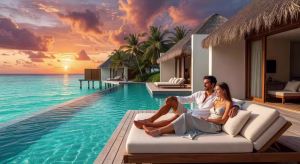 Las mejores islas para visitar si quieres unas vacaciones espléndidas Villa de lujo sobre el agua en las Maldivas al atardecer con piscina infinita y laguna turquesa