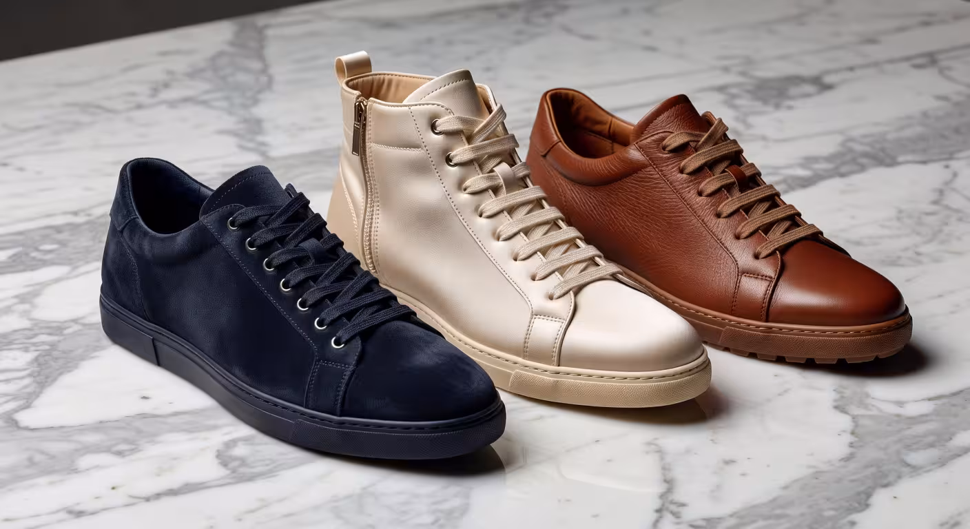 Detalle de zapatillas premium masculinas mostrando diferentes texturas y materiales de lujo