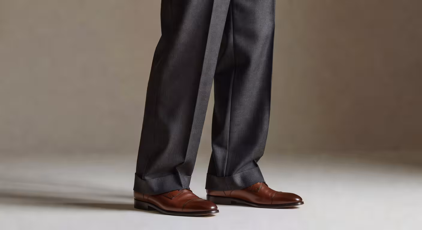 Detalle de pantalones de vestir premium mostrando caída perfecta sobre zapatos de piel