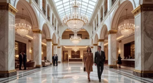 Vestíbulo de hotel de cinco estrellas con atrio imponente decorado en oro y mármol