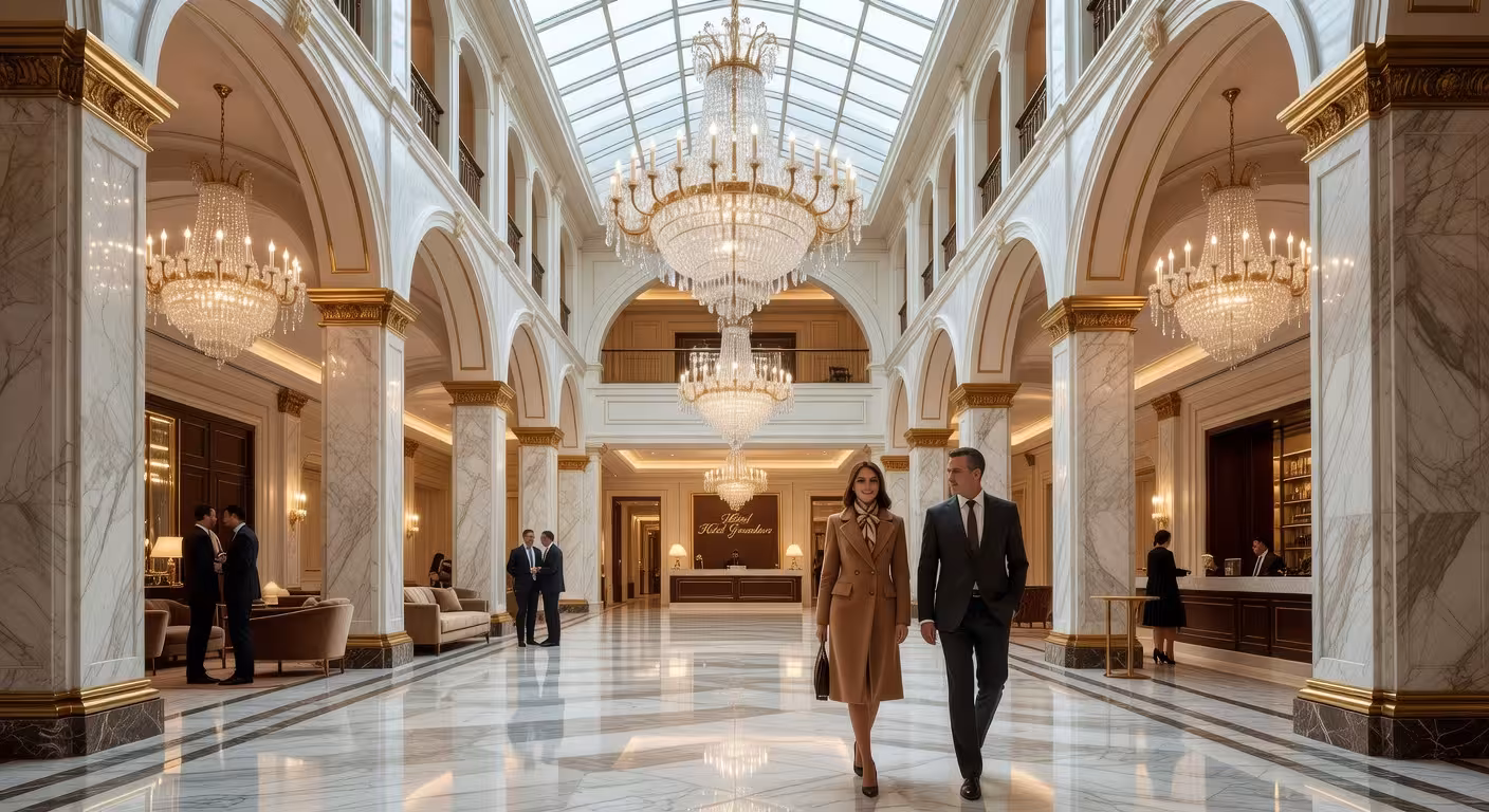 Vestíbulo de hotel de cinco estrellas con atrio imponente decorado en oro y mármol