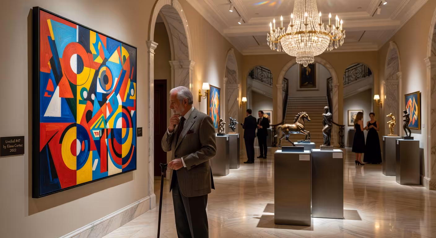 Galería de arte dentro de hotel cinco estrellas con colección curada de obras contemporáneas y espacios expositivos elegantes