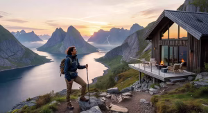 Los 10 destinos de vacaciones más exclusivos y lujosos del mundo Paisaje espectacular de las Islas Lofoten en Noruega con montañas y lodge de lujo