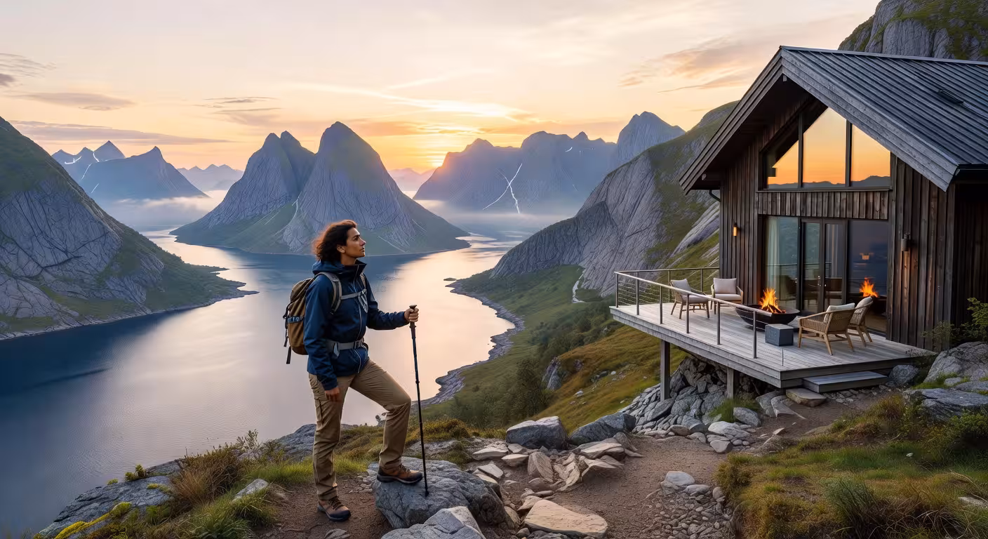 Paisaje espectacular de las Islas Lofoten en Noruega con montañas y lodge de lujo