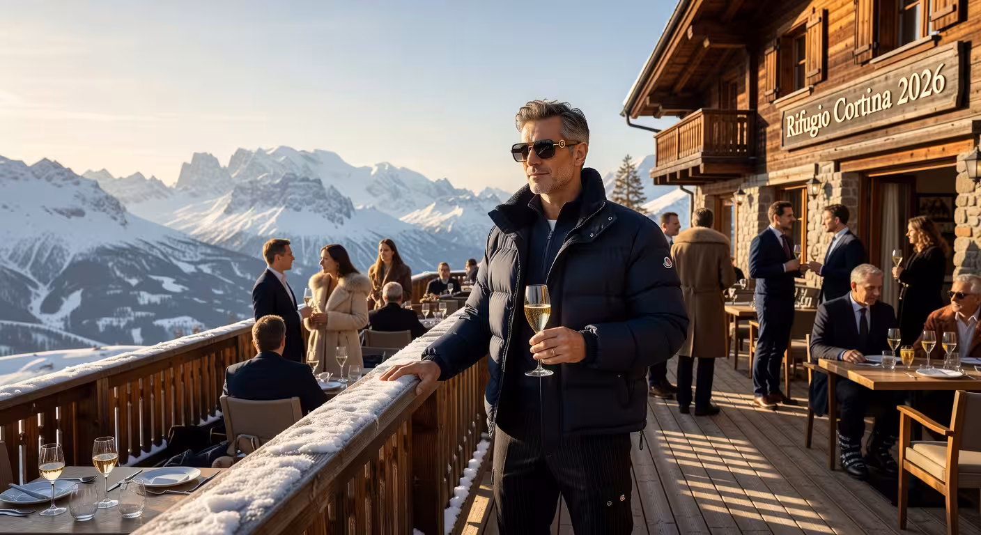 Esquiador disfrutando del après-ski en terraza panorámica de Cortina d'Ampezzo con vistas a los Dolomitas