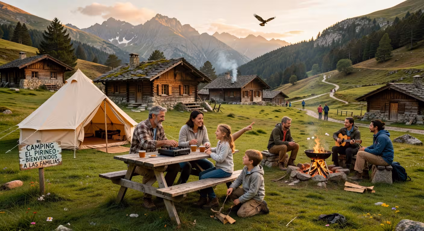 Familia disfrutando de camping en los Pirineos españoles con cabañas de madera y vistas a las montañas