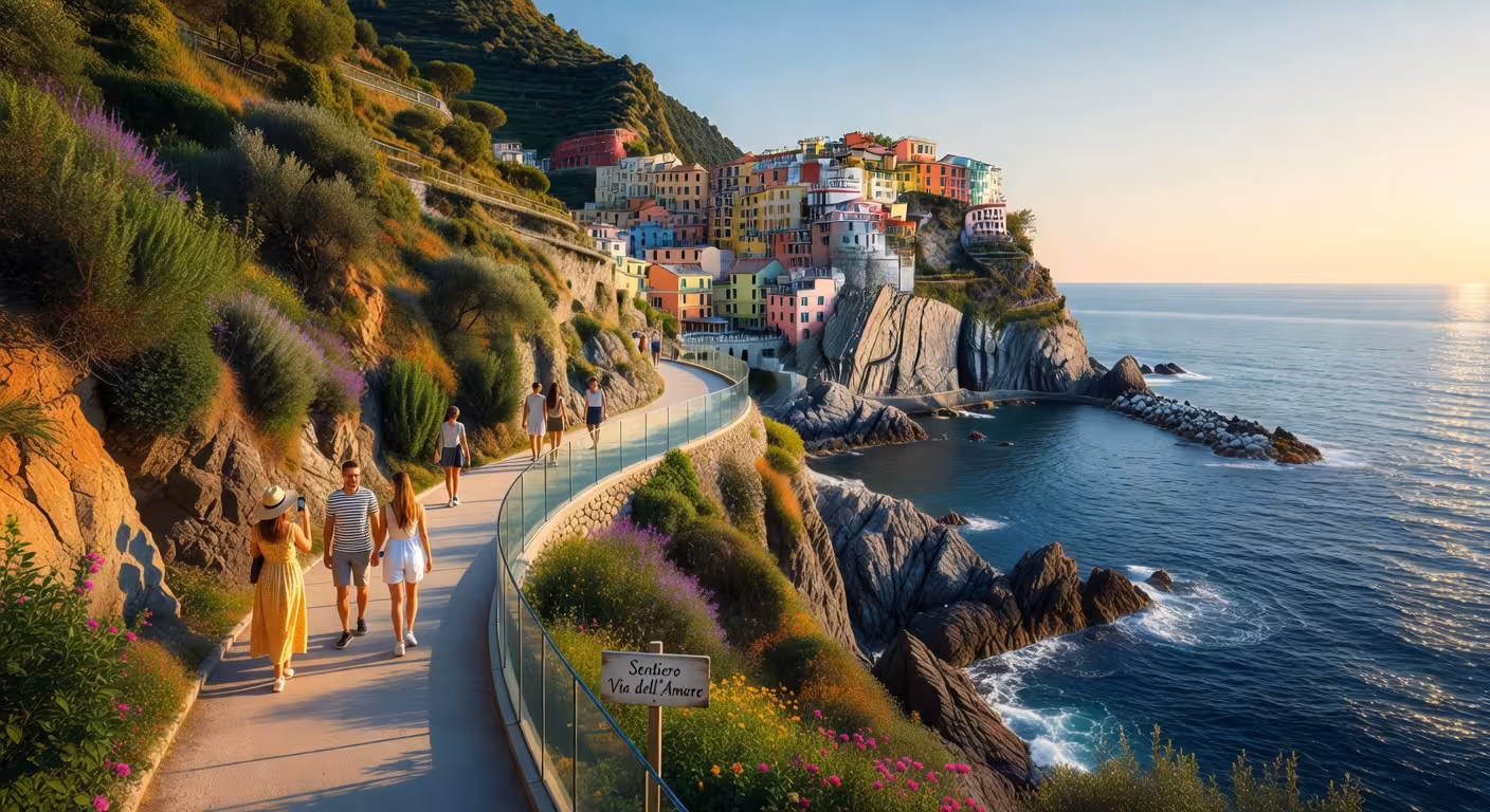 Sendero de la Via dell'Amore entre Manarola y Riomaggiore en Cinque Terre con vistas al mar de Liguria
