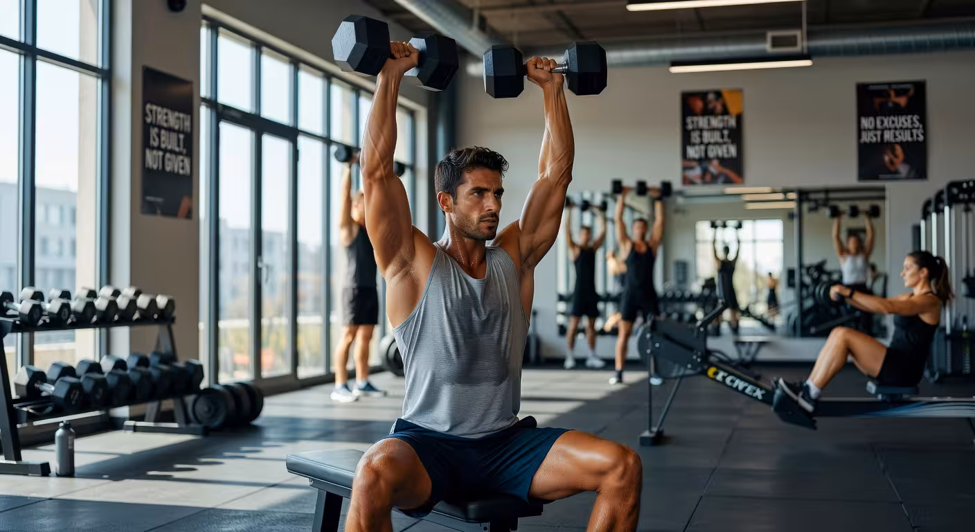 Hombre realizando entrenamiento de fuerza con mancuernas en gimnasio contemporáneo