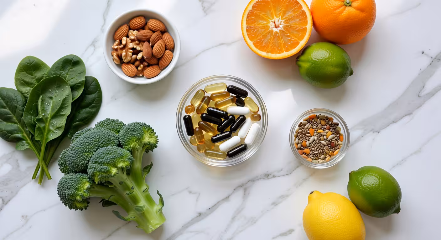 Composición de vitaminas, suplementos y alimentos saludables ricos en nutrientes para combatir el cansancio