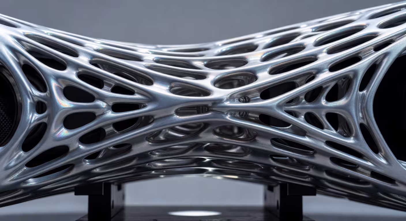 Czinger 21C: el hipercoche impreso en 3D que está batiendo récords Detalle de componentes de suspensión impresos en 3D del Czinger 21C con estructura orgánica Bio-Logic
