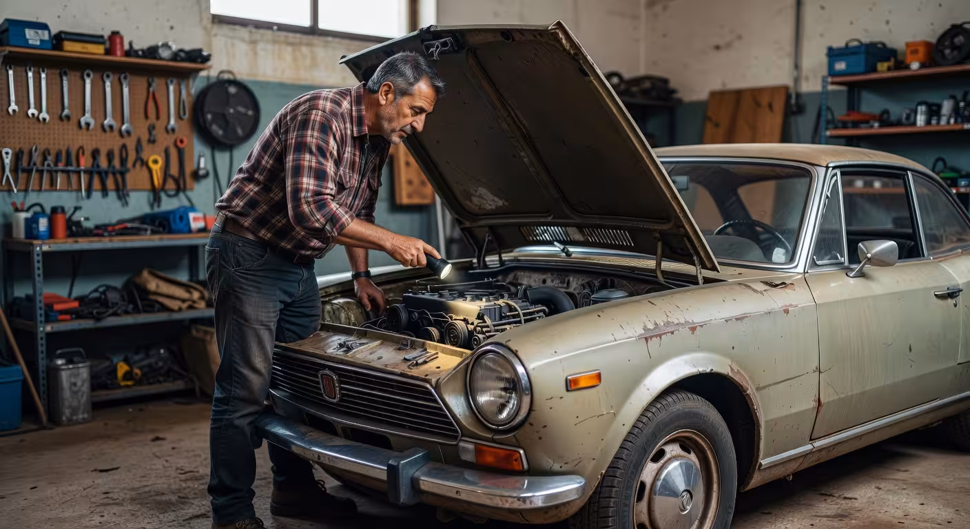 Cómo vender un coche chatarra por el máximo dinero en España Propietario preparando coche viejo para vender al desguace maximizando precio