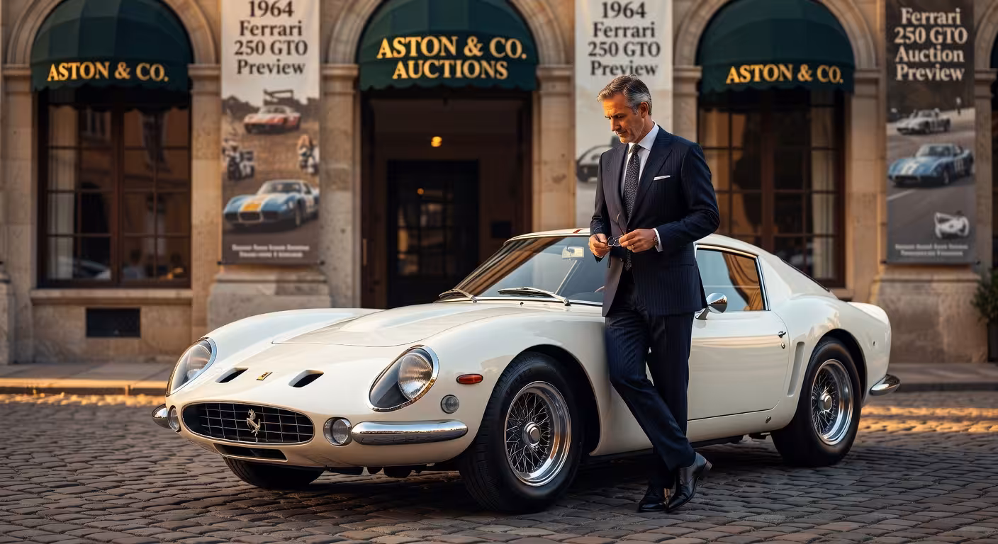 Ferrari 250 GTO blanco clásico en subasta de coches de colección con coleccionista