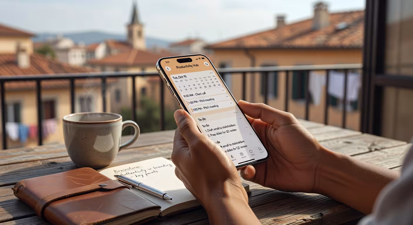 Smartphone mostrando aplicaciones de productividad en escritorio profesional